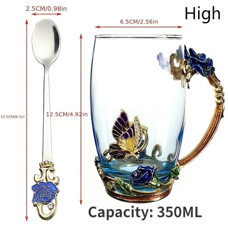 Enamel Crystal Tea Cup with Butterfly and Rose Design Includes Spoon Clear Glass