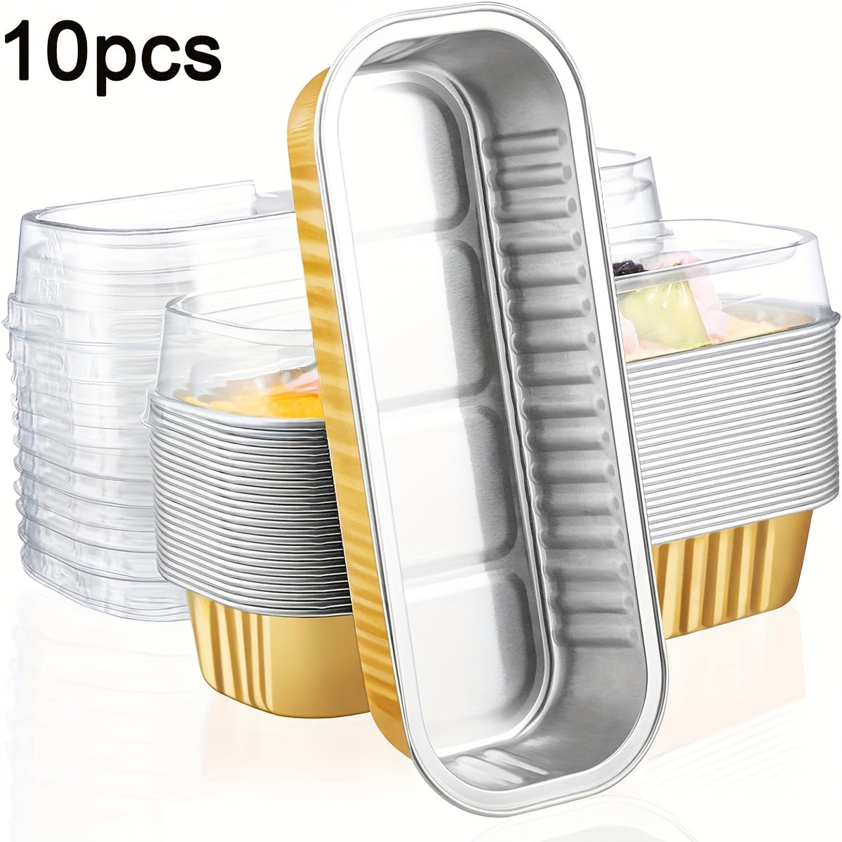 Set of 10 Aluminum Foil Mini Loaf Pans with Transparent Lids for Baking Cakes and Cupcakes in Black Pink and Gold