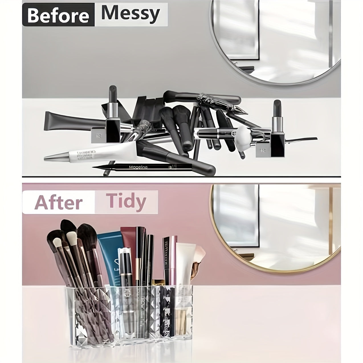 Transparent Makeup Brush Organizer with Geometric Design Large Capacity Multifunctional Storage for Vanity and Bathroom