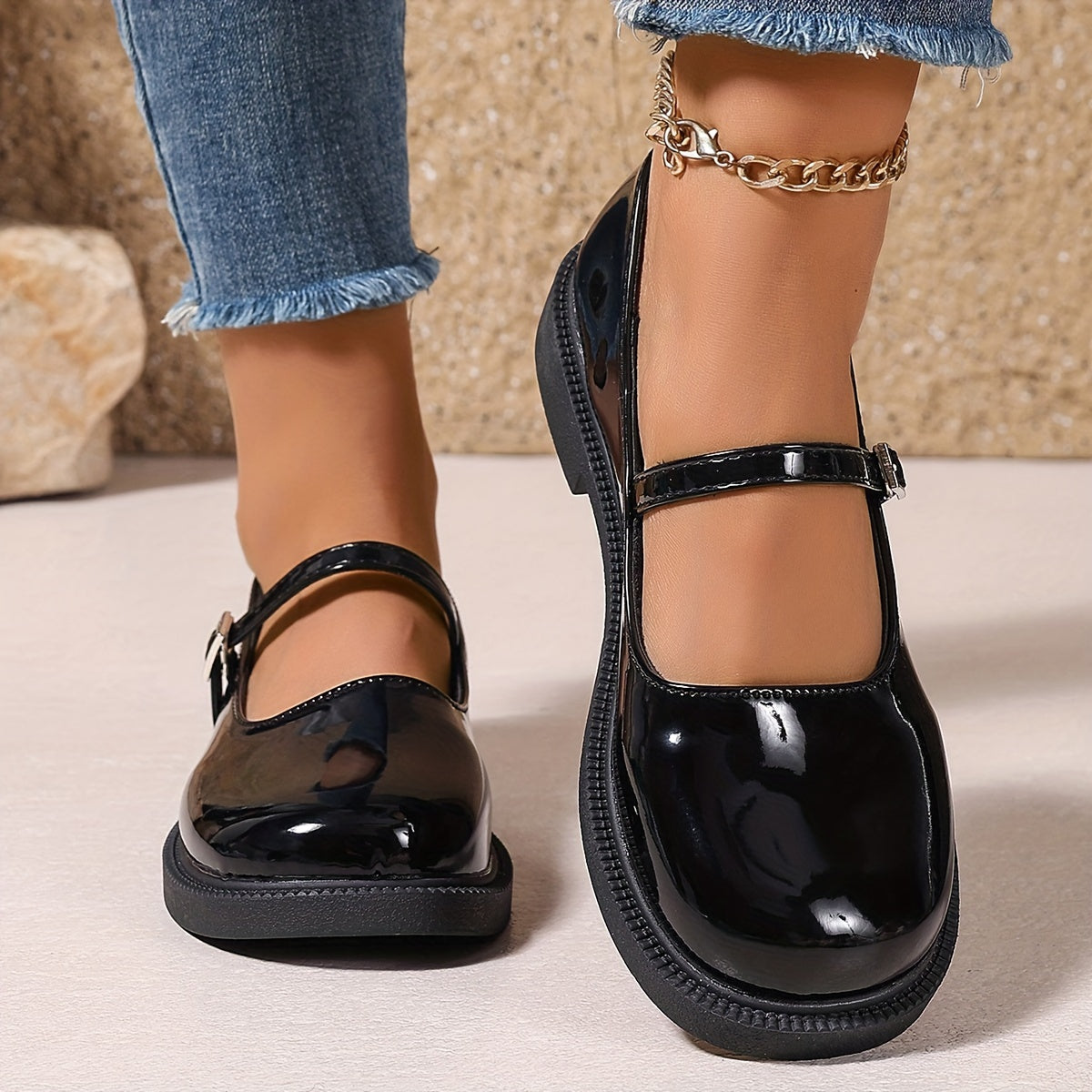 Women's Mary Jane Flat Shoes Faux Leather Solid Color Slip-On Rubber Sole All-Season Comfort