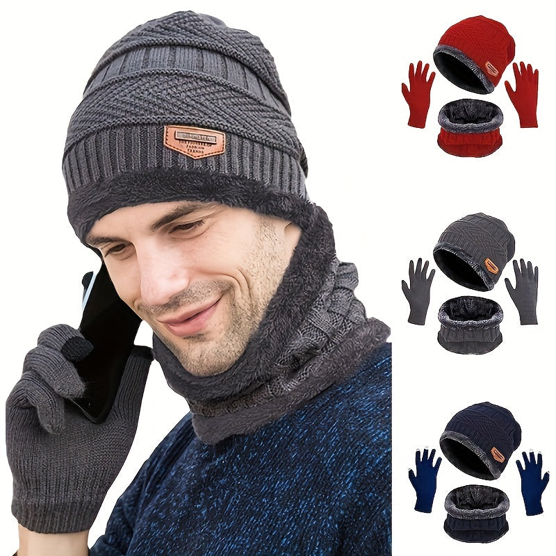 Winter Warm Velvet Knit Hat Scarf Gaiter Set with Touch Screen Gloves for Men Women