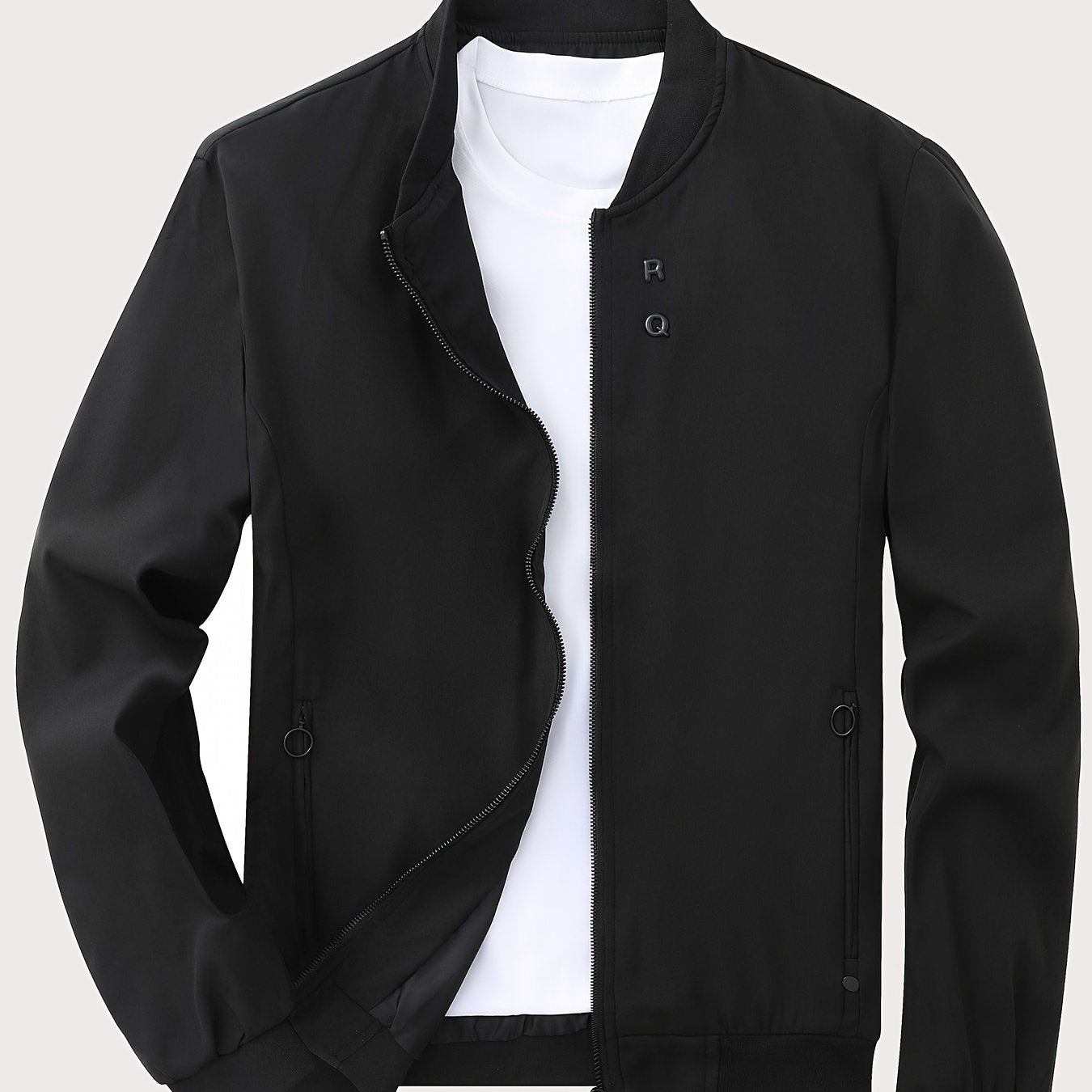 Men's Solid Color Polyester Zipper Jacket with Stand Collar Long Sleeves Casual All-Season