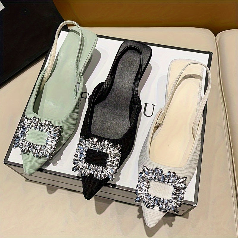 Women's Kitten Heel Sandals with Rhinestone Buckle Pointed Toe All-Season Light Green Beige Black