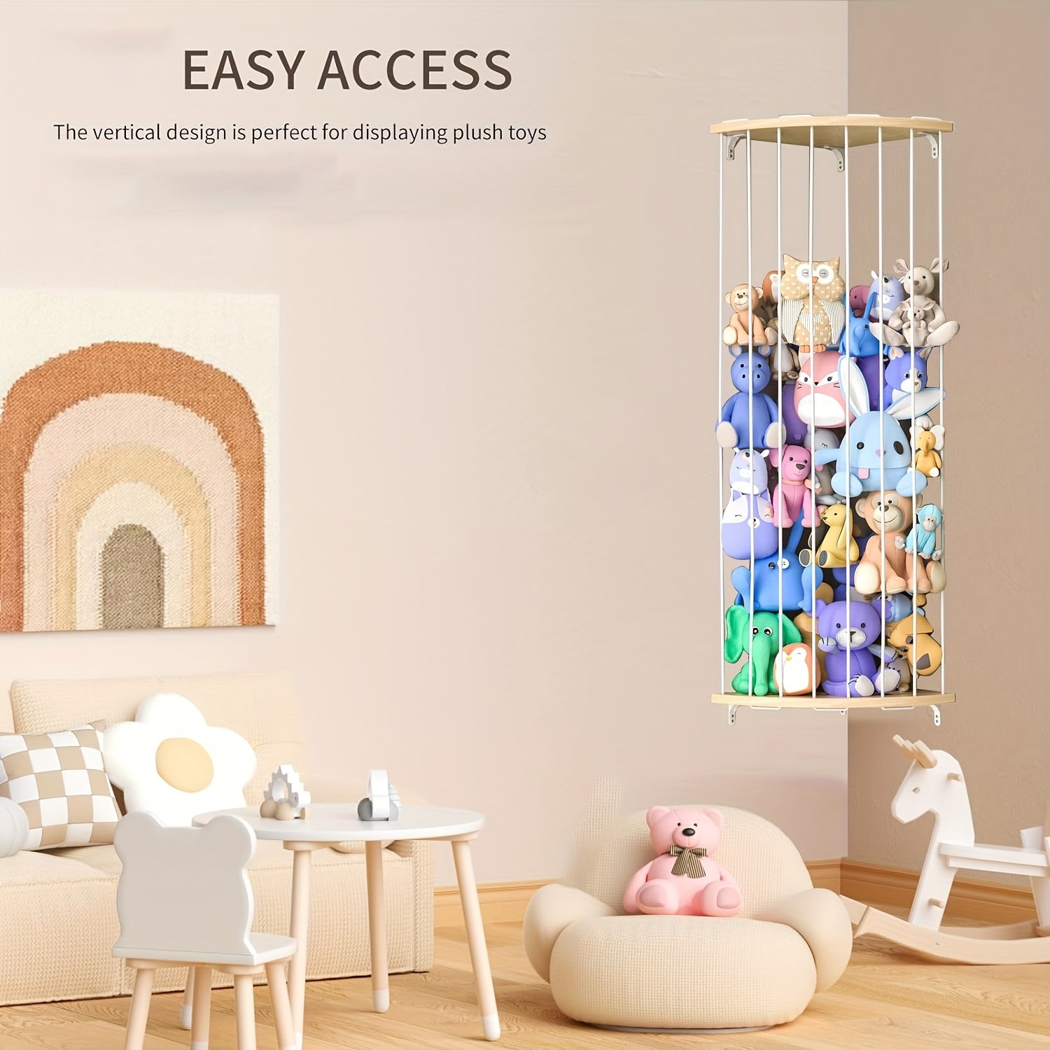 Organizador de almacenamiento para juguetes colgante de madera para guardería y sala de juegos, cesta ajustable para animales de peluche