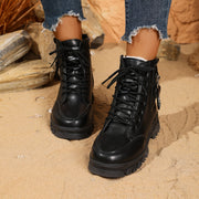 Women's Black PU High-Top Ankle Boots with Rubber Soles and Lace-Up Closure