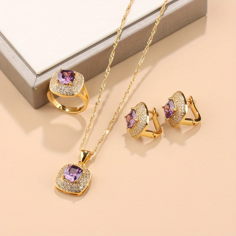 Women’s 4-Piece Jewelry Set Gold Plated Copper with Zirconia Synthetic Stones for Special Occasions