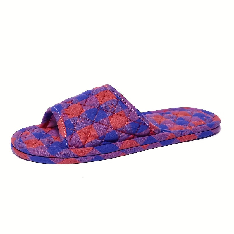 Women's Plush Fabric Slip-On Indoor Slippers with Checkered Pattern
