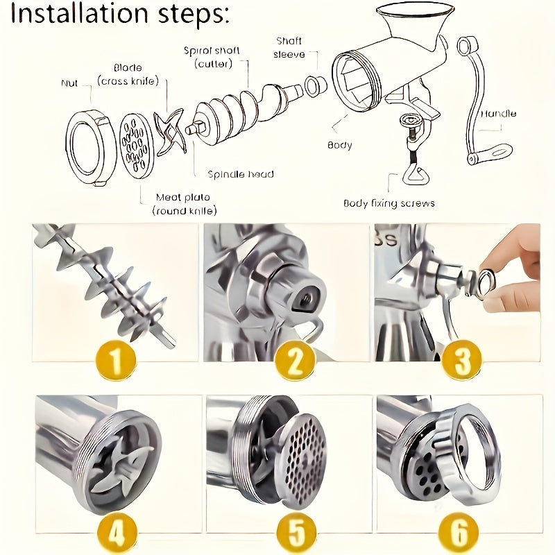 1 dona Katta quvvatli qo'lda go'sht maydalagich va kolbasa tayyorlagich - Rostdan po'lat, 10 RPM, Elektr energiyasi talab qilinmaydi, Tanlov uchun aksessuarlar, maydalangan go'sht va kolbasa uchun ideal, Uy sharoitida foydalanish uchun