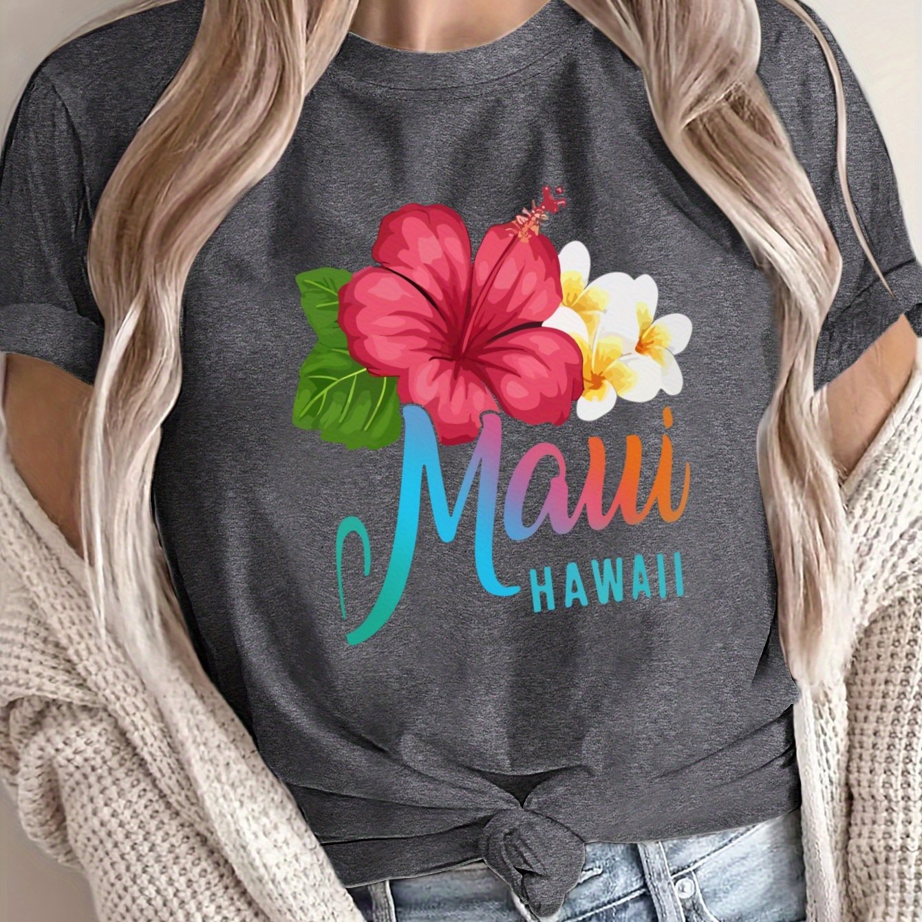 Women's Plus Size Loose Fit Hibiscus Floral T-Shirt Polyester Breathable Summer