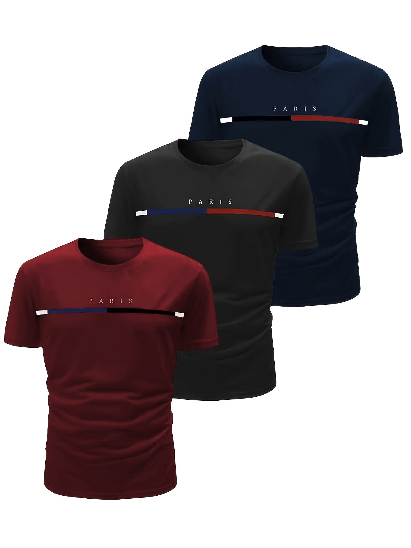 3-Pack Men's Crew Neck T-Shirts with Paris Print and Alphabet Pattern Polyester Knit Medium Stretch Regular Fit