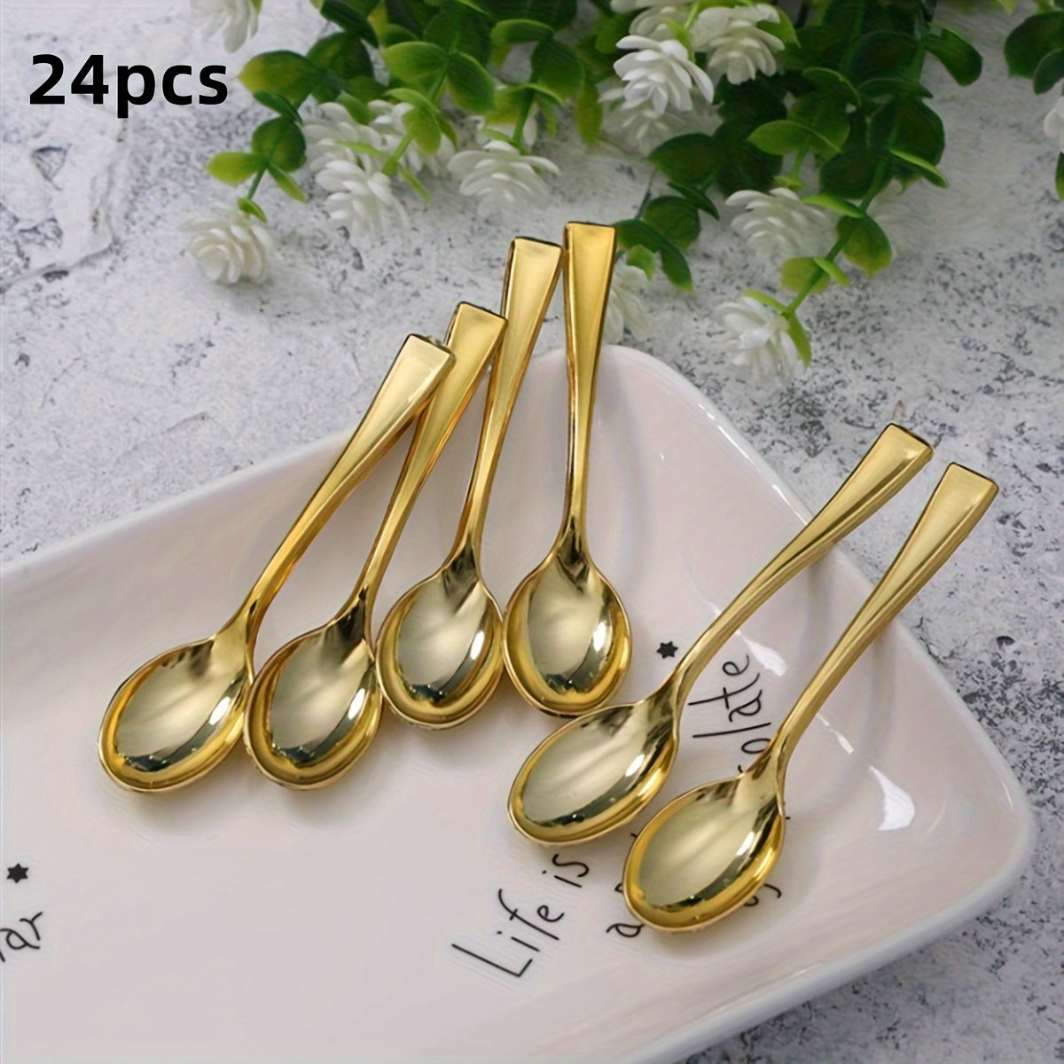 Pack of 24/36 Mini Plastic Salad Spoons with Gold Plating for Desserts Parties and Holidays