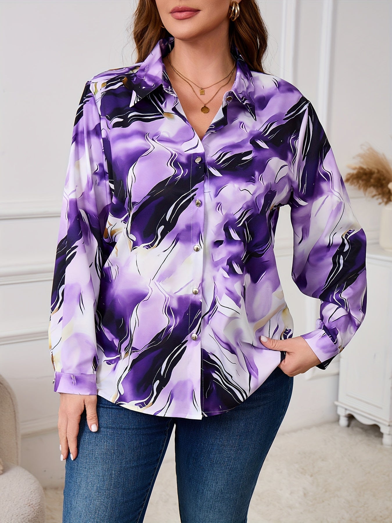 Plus Size Women's Tie Dye Print Blouse Polyester Casual All-Season Shirt