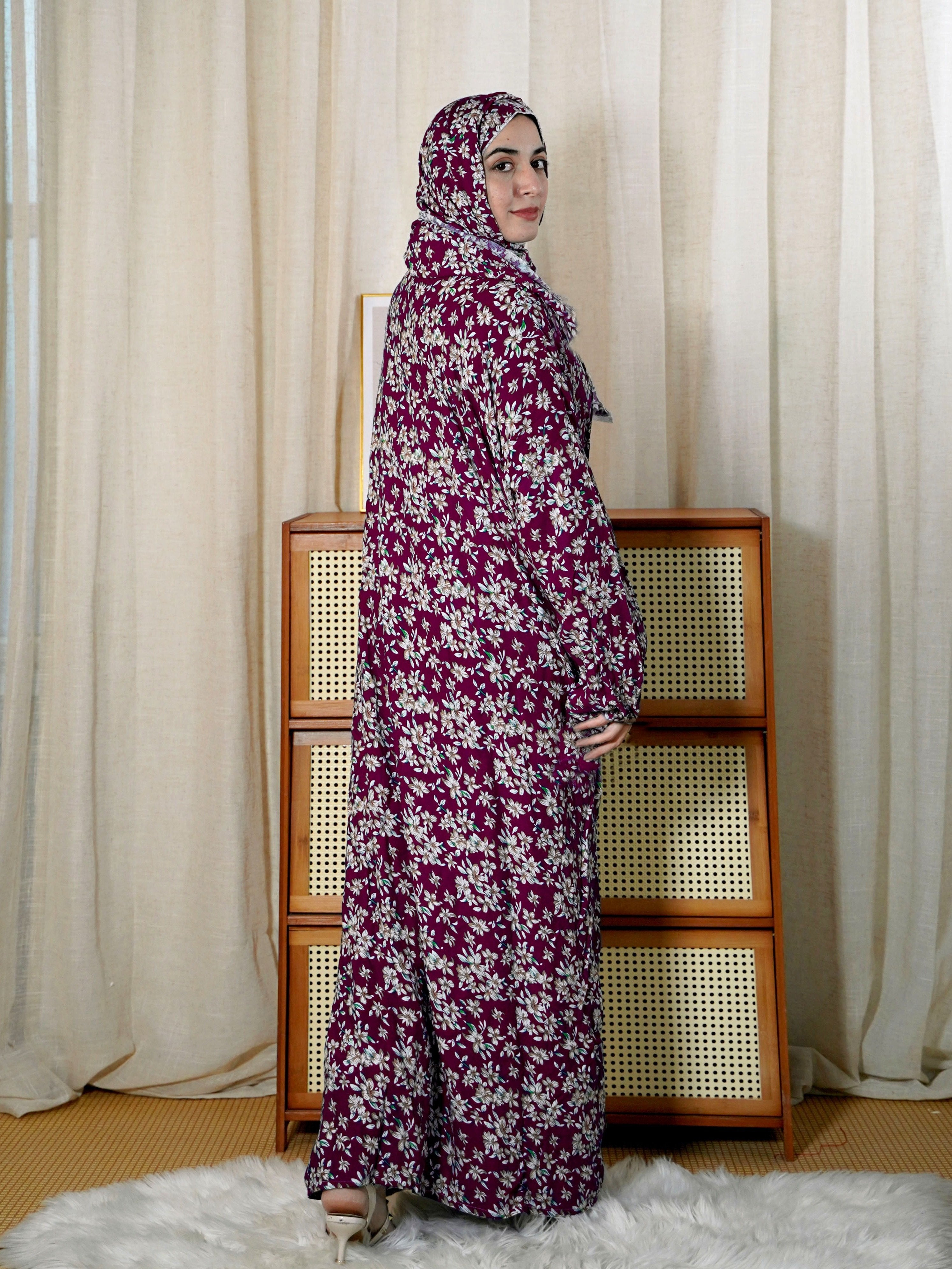Plus Size Floral Maxi Dress Long Sleeve Hijab Cover-Up Women