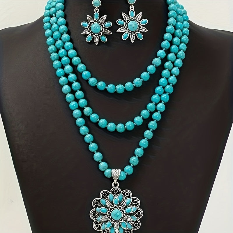 Ushbu qo'l mehnati bilan tayyorlangan zargarlik to'plami uchta bilaguzuk va bir marjonni o'z ichiga oladi, barchasi turkuaz rangli ko'p qatlamli va gullar dizayni bilan. Bu uning kundalik kiyimlariga mos keladigan mukammal sovg'a.