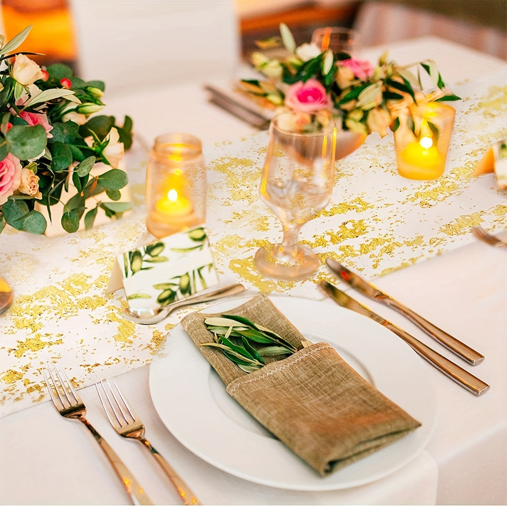Gold Foil Linen Table Runner for Weddings Birthdays Christmas Banquets