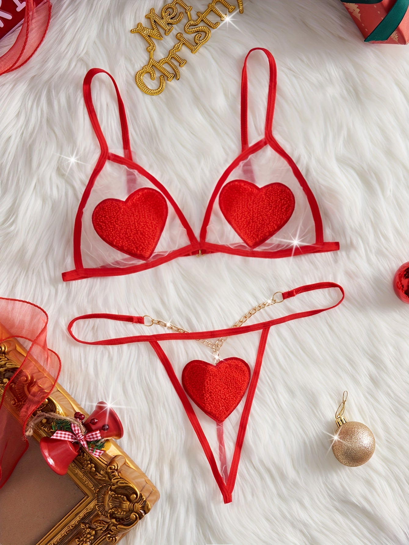 Women's Red Mesh Lingerie Set with Bra and See-Through Thong for Valentine's Day