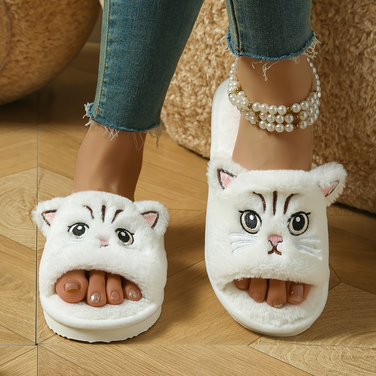 Ayollar uchun Cartoon Cat mo'rt shlyapa paxtali ichki poyabzal, yopiladigan slip-on oyoq kiyim