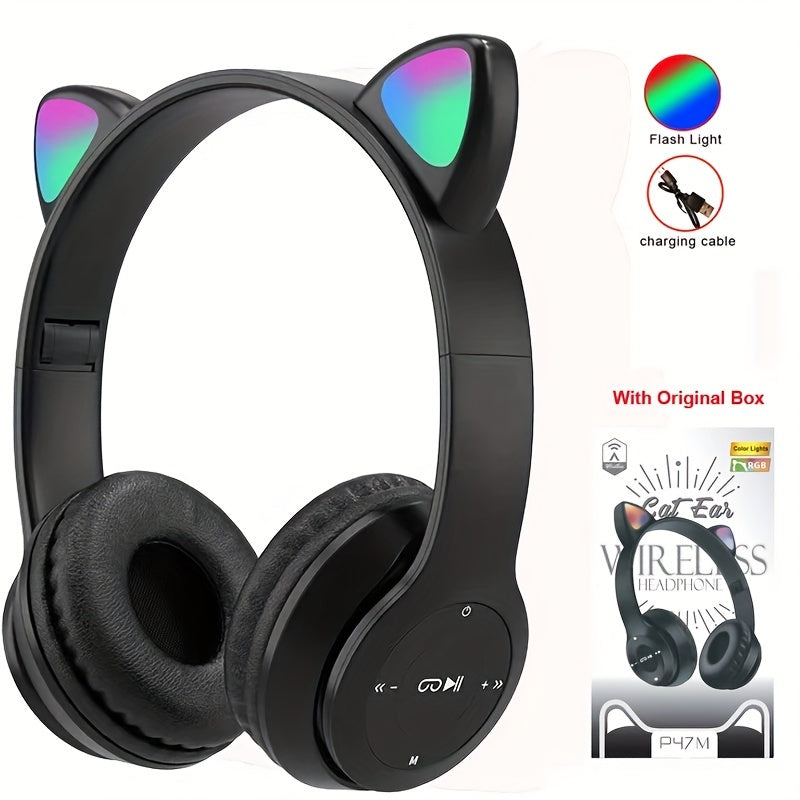 Wireless Cat Ear Headphones with LED Lights Stereo Wireless Headset for Phones and Tablets