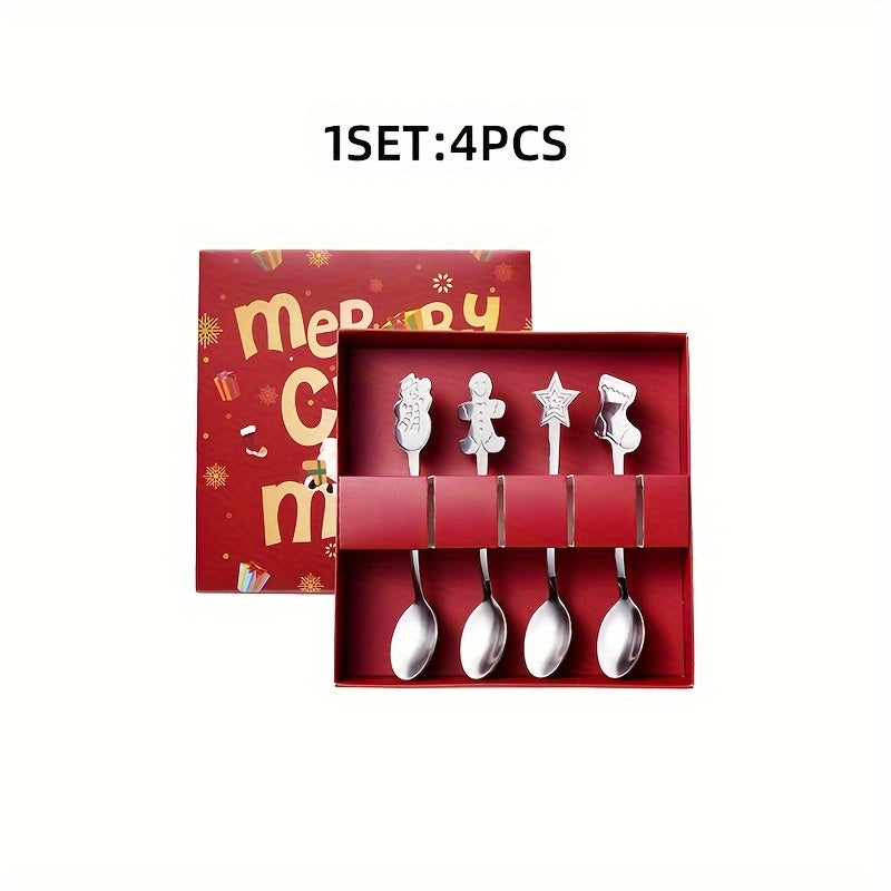 Set of 4 Christmas Stainless Steel Spoons for Coffee Tea Dessert in Gift Box