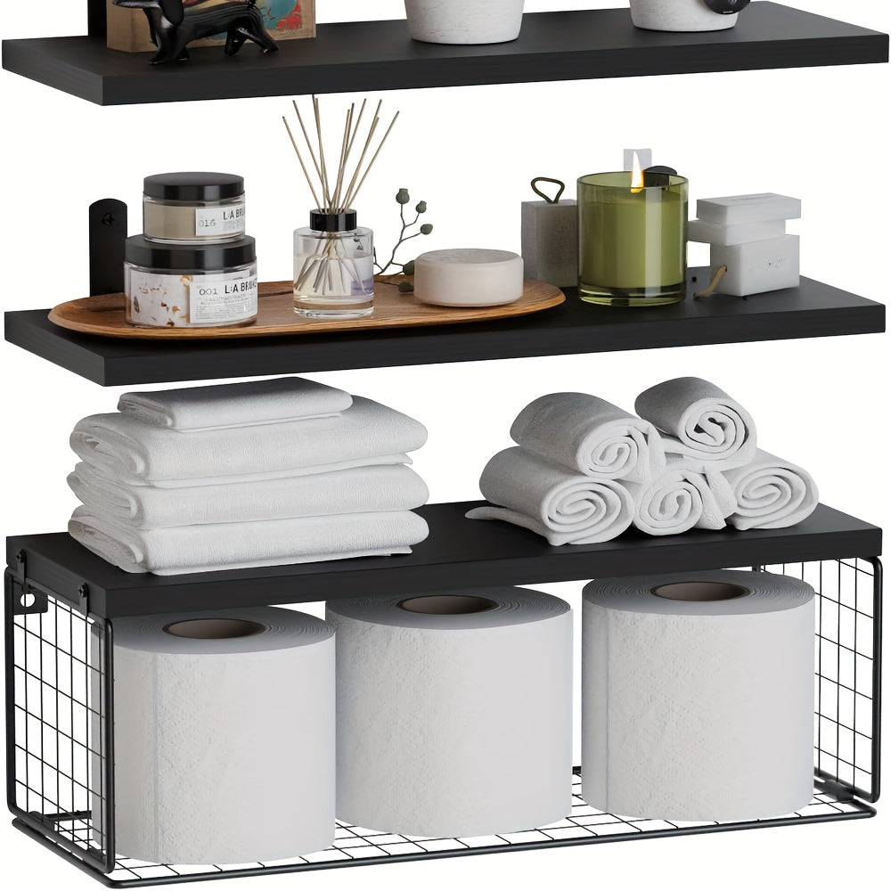 Carbon Black Bathroom Floating Shelves with Storage Basket Space-Saving Wall Organizer