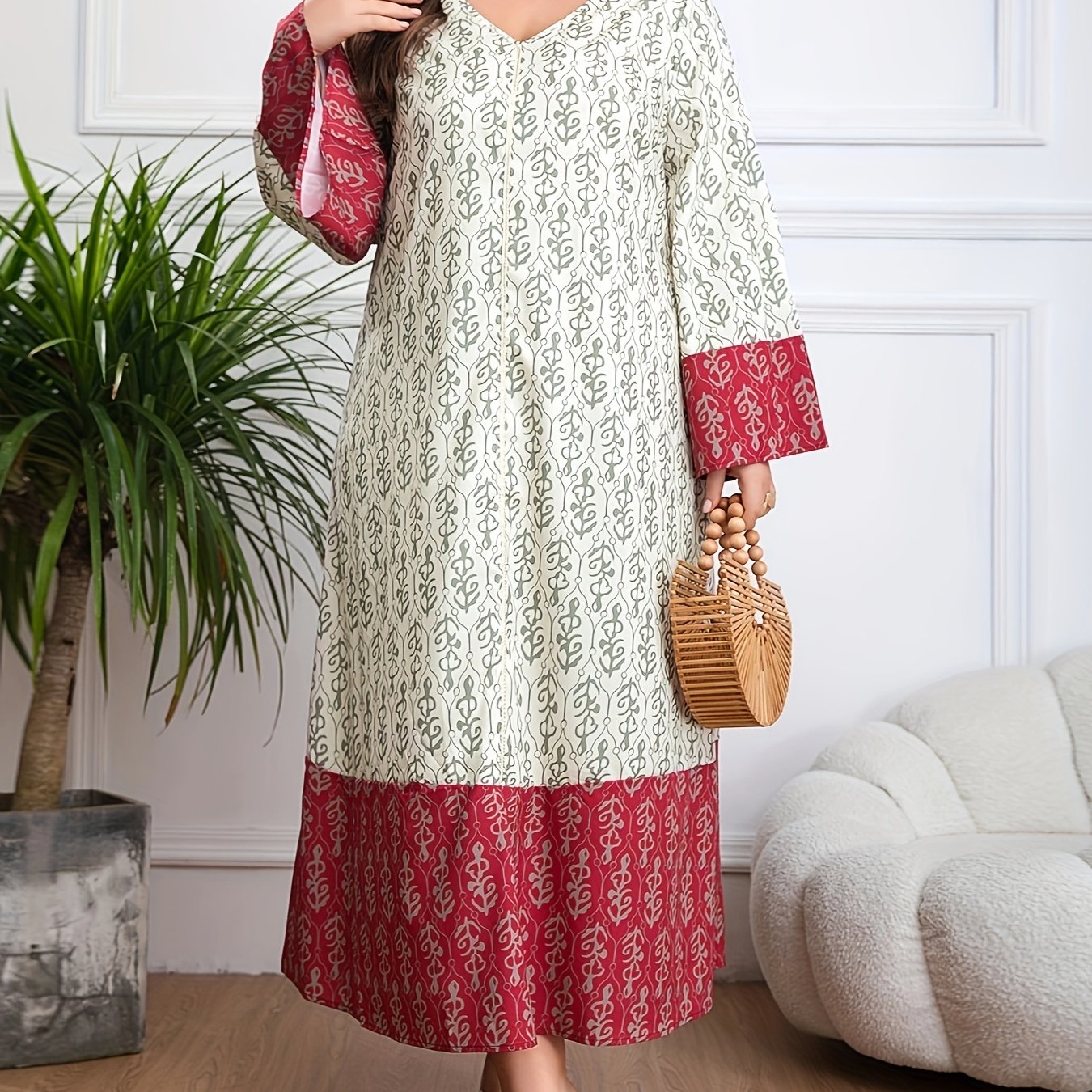 Plus Size Floral Colorblock Kaftan Dress V Neck Long Sleeve Womens Clothing