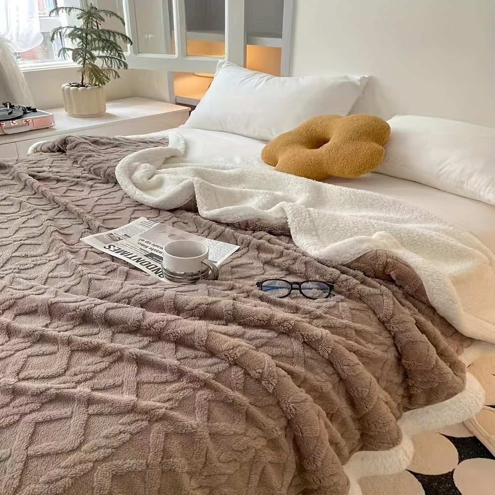 Reversible Sherpa Fleece Blanket for Sofa Bed Cozy Warm Embossed Taffeta Throw