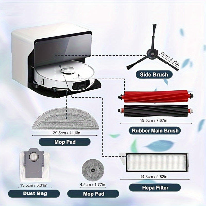 Roborock S8 MaxV Ultra aksessuar to'plami: 21 dona, 2 rolik cho'tkasi, 6 yon cho'tkasi, 2 HEPA filtri, 4 mopa padlari va 4 chekka mop matolari.