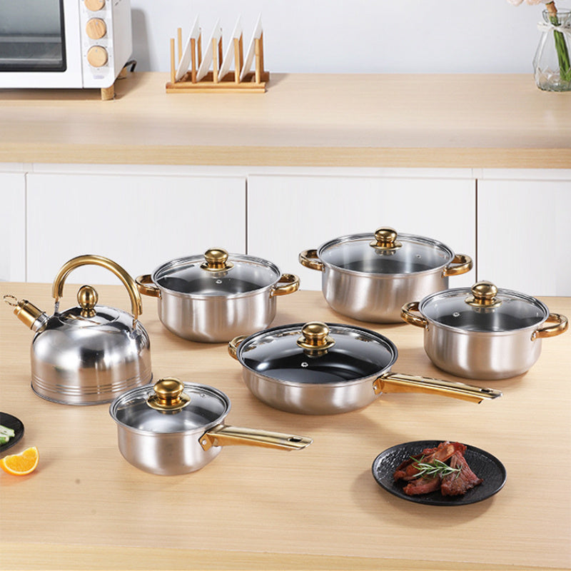Stainless Steel Cookware Set 12 Pieces with Golden Handles Removable Lids