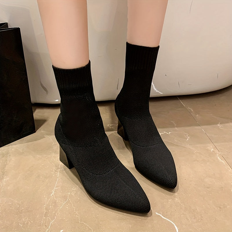 Women's Knitted Chunky Heel Ankle Boots Black Slip-On Casual Style