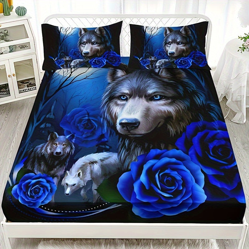 Conjunto de ropa de cama de lobo místico y rosa azul con sábana ajustable y fundas de almohada, impresión digital para todas las estaciones