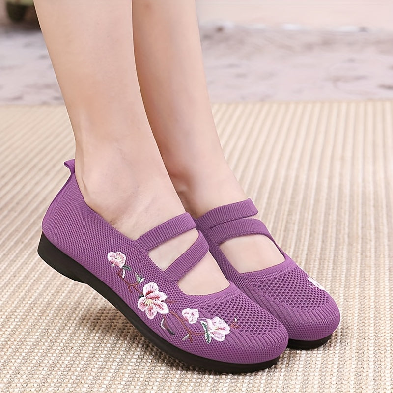Women's Summer Casual Knit Flats Purple Red Embroidered Floral Lightweight Fabric Sole