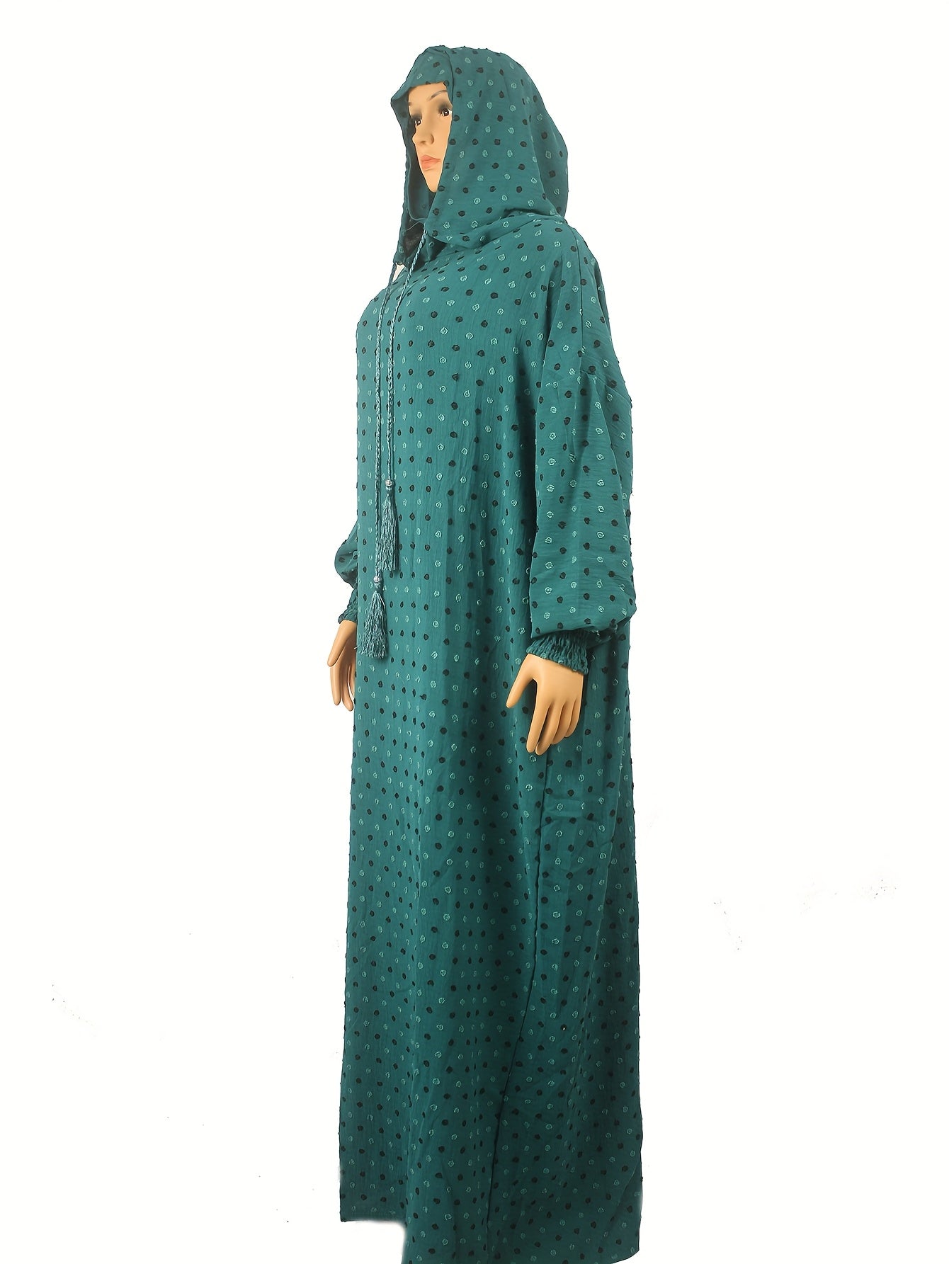 Plus Size Teal White Polka Dot Abaya Kaftan Dress Muslim Ramadan Clothing