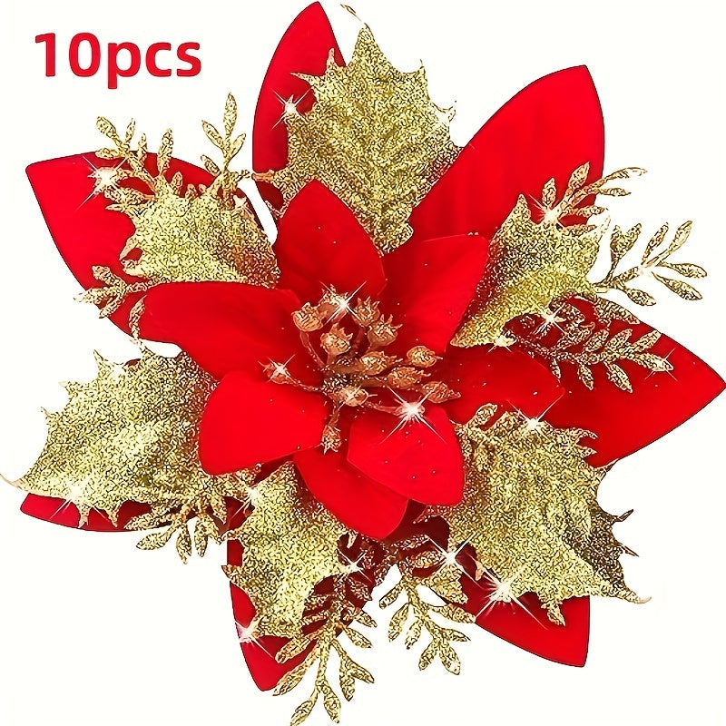 10 Golden and Silvery Artificial Christmas Decorations with Red Flowers Ornaments and Wreaths