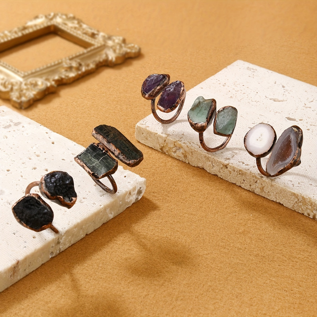 Boho-Chic sozlanadigan uzuk Amethyst, Yashil Fluorit, Tourmaline va Agat tabiiy toshlar bilan