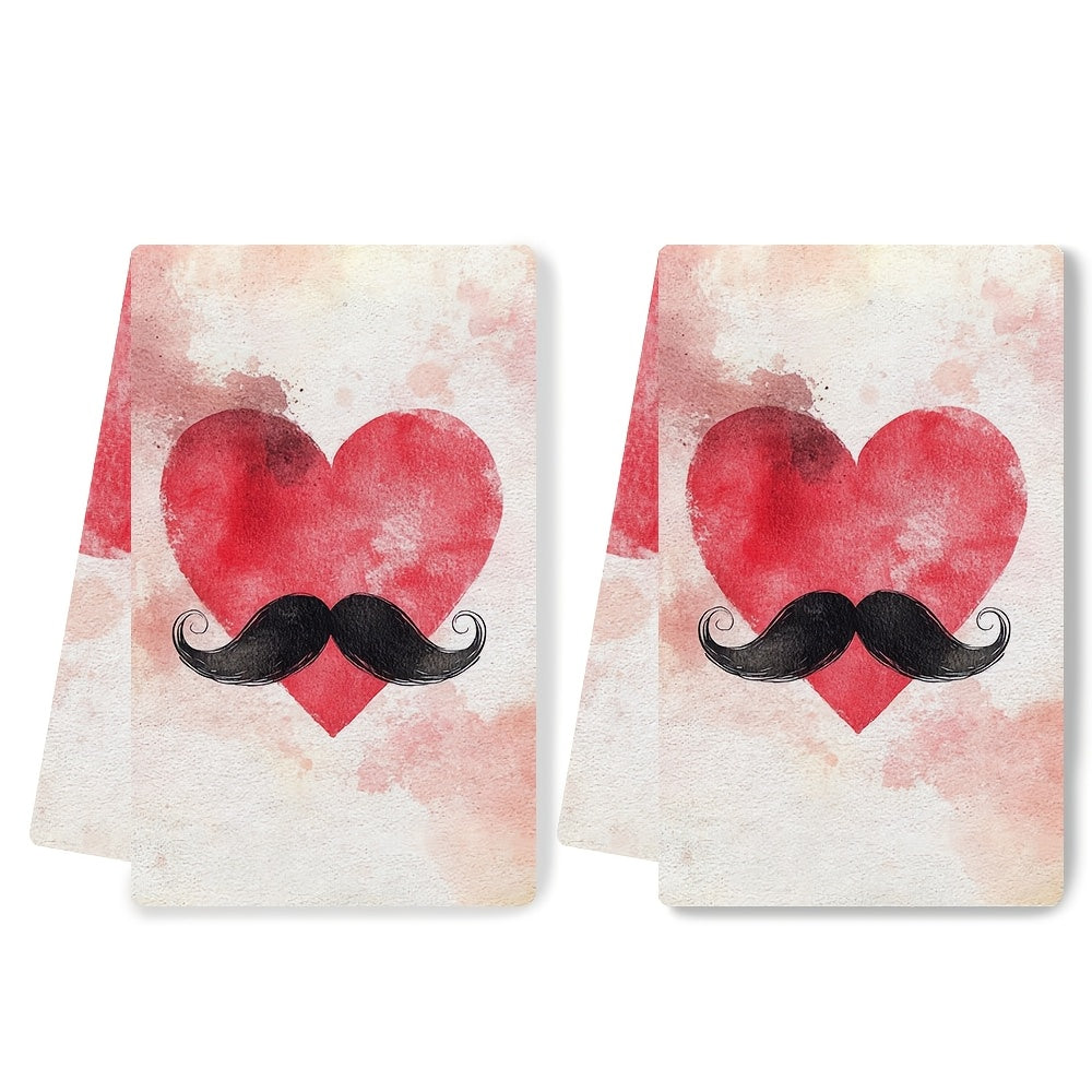 Set of 2 Soft Kitchen Towels with Heart and Mustache Design, 40x60 cm