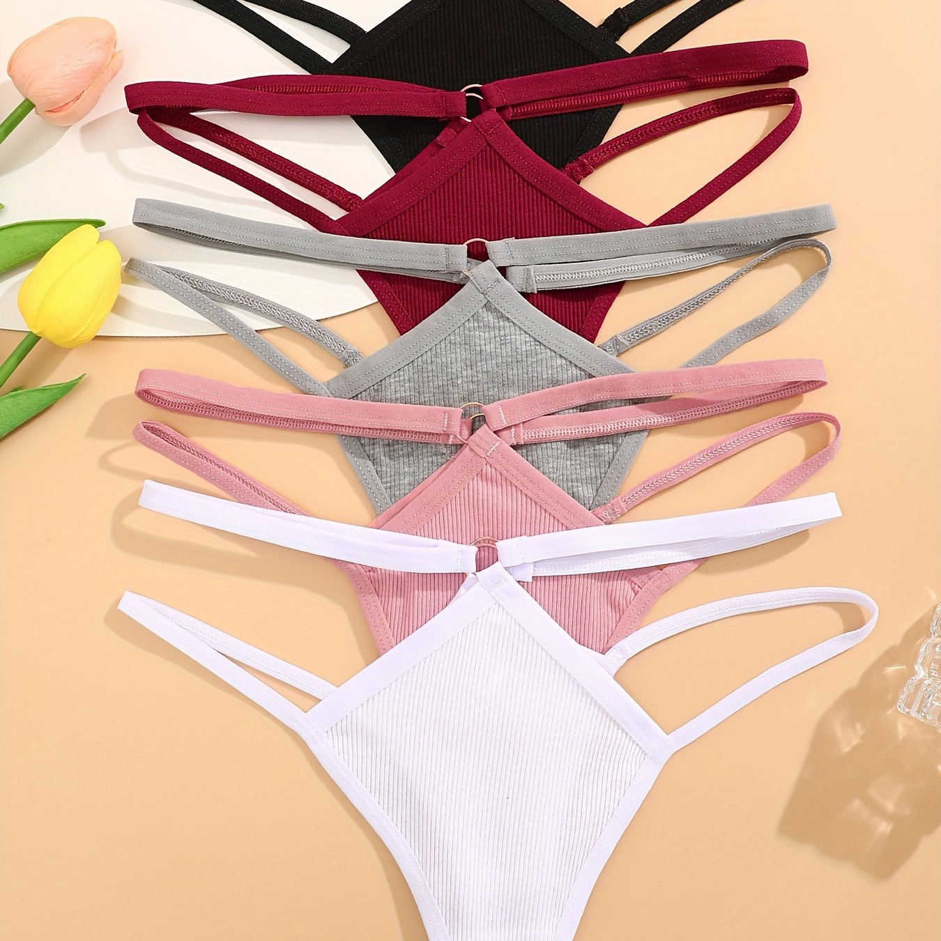 Women's Cotton Ribbed Thongs Set 5 Pieces Breathable Comfortable Stretchy