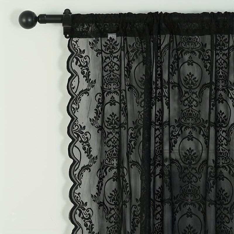 Black Lace Curtain for Bedroom Living Room Kitchen Office with Rod Pocket