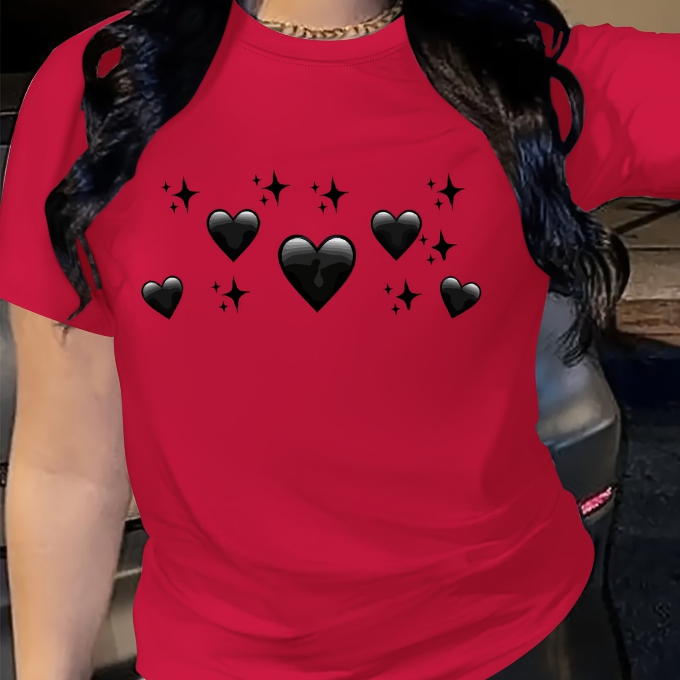 Women's Oversized Bright Pink T-Shirt with Black Heart & Star Print Casual Top