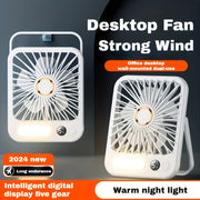 Портативный настольный вентилятор с элегантным белым дизайном, складной на 180°, 5 скоростей, перезаряжаемая батарея, светодиодная ночная лампа, цифровой дисплей - USB питание, долговечная литиевая батарея для дома, офиса, спальни, путешествий, кемпинга.