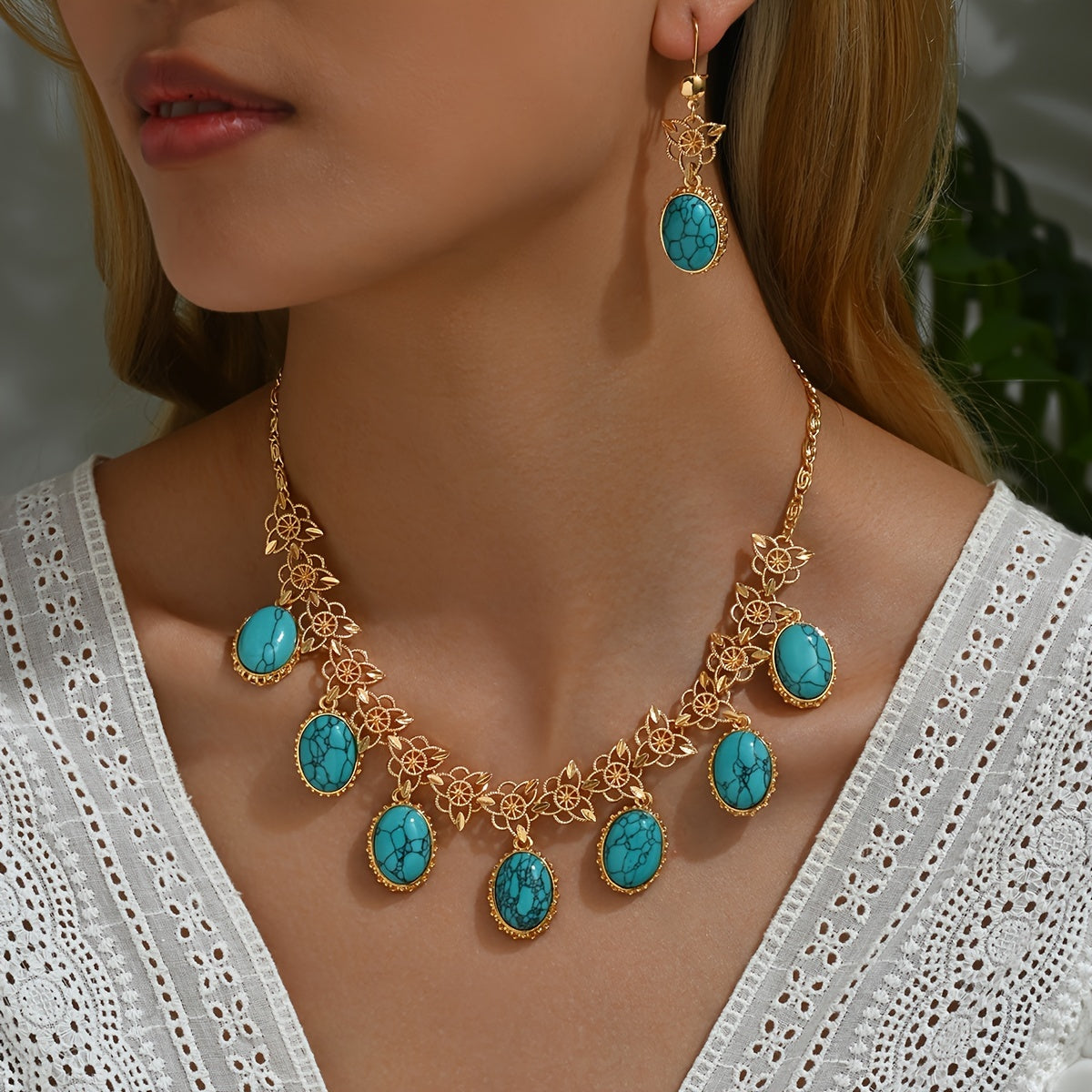 Elegant Bohemian Jewelry Set for Women with Multi-Pendant Stone Earrings and Necklace
