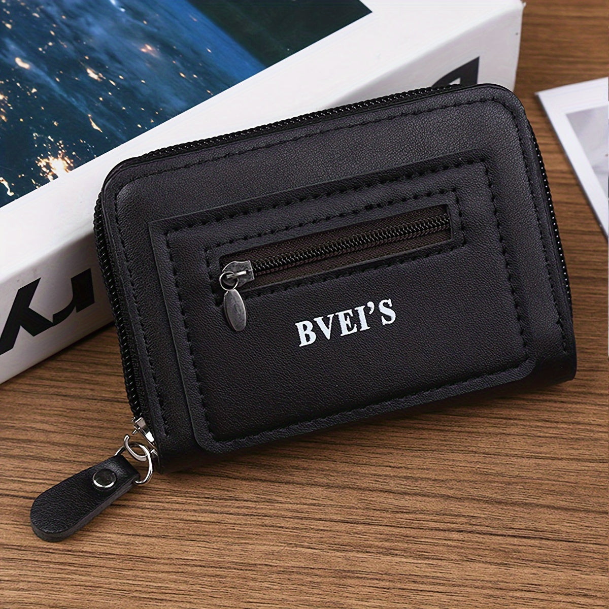 Men's PU Leather Wallet with Card Slots Zipper Coin Pocket Solid Color