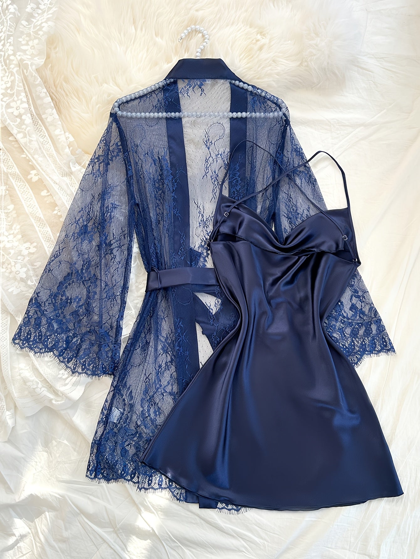 Women’s All-Season Lace Pajama Set with Suspender and Cowl Neck