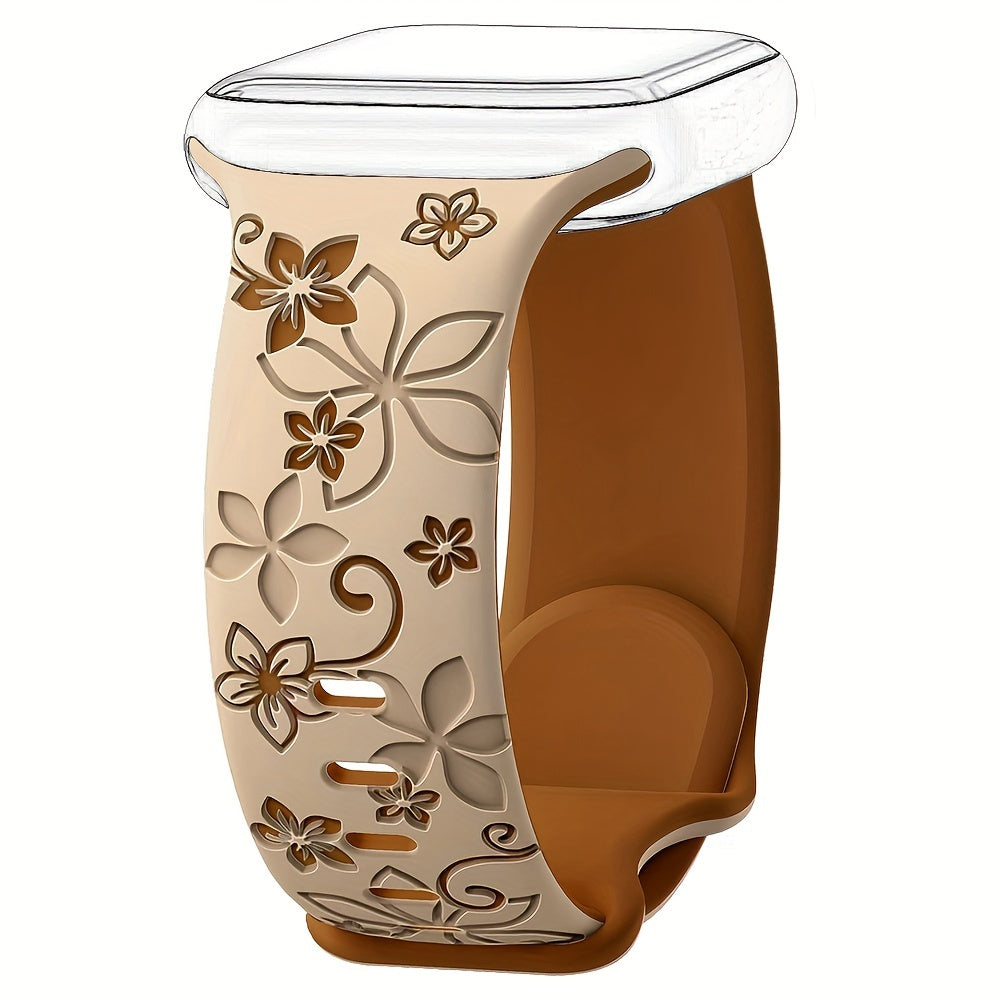 Waterproof Floral Silicone Watch Band with Butterfly Clasp for Apple Watch Series 1-10 SE in Multiple Colors