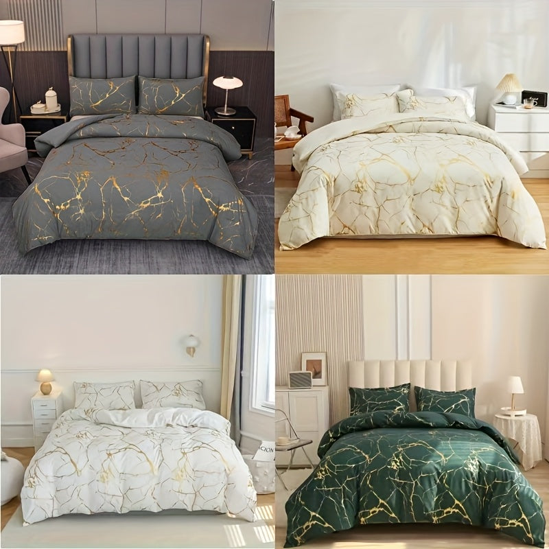 White Marble Pattern Quilt Cover Set with Gold Foil Print 2/3 Pieces Bedding