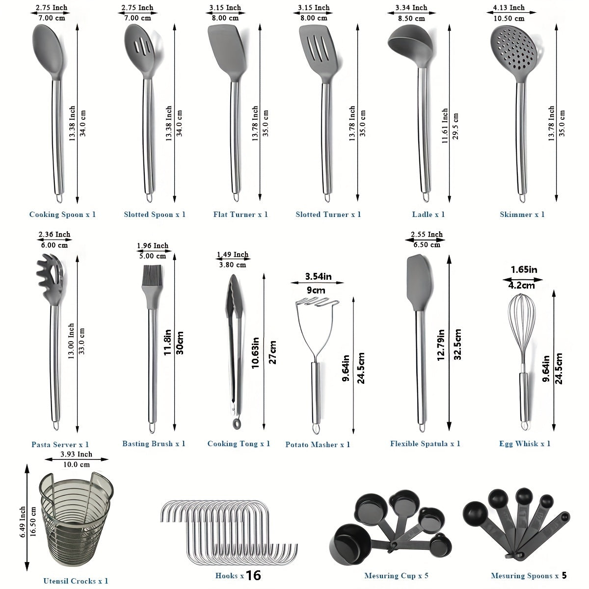 Juego de 39 utensilios de silicona antiadherente para cocina con soporte de acero inoxidable