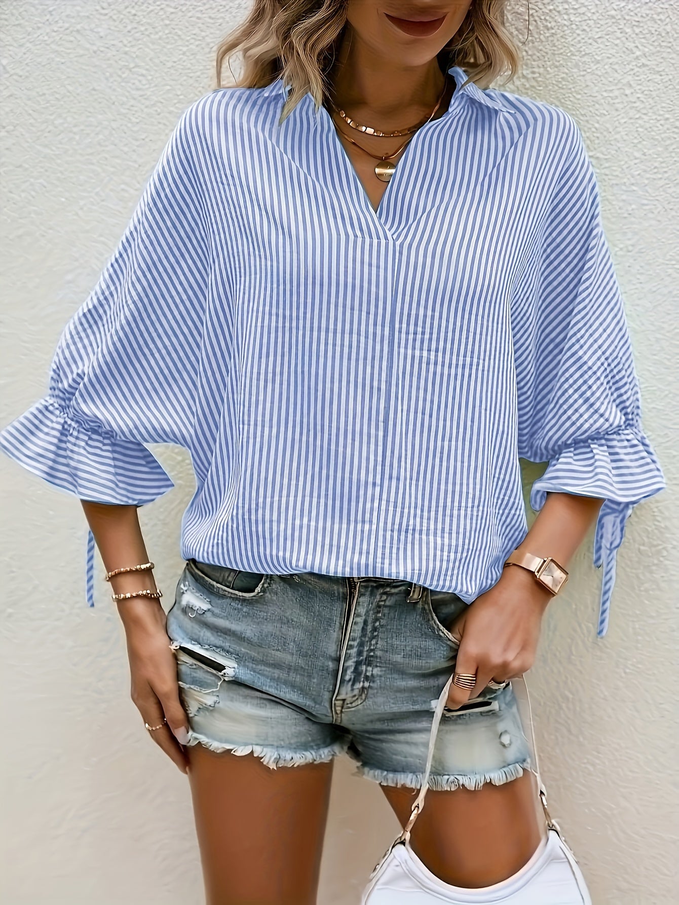 Women's Striped Polyester Shirt V-Neck Casual Spring Summer Fall
