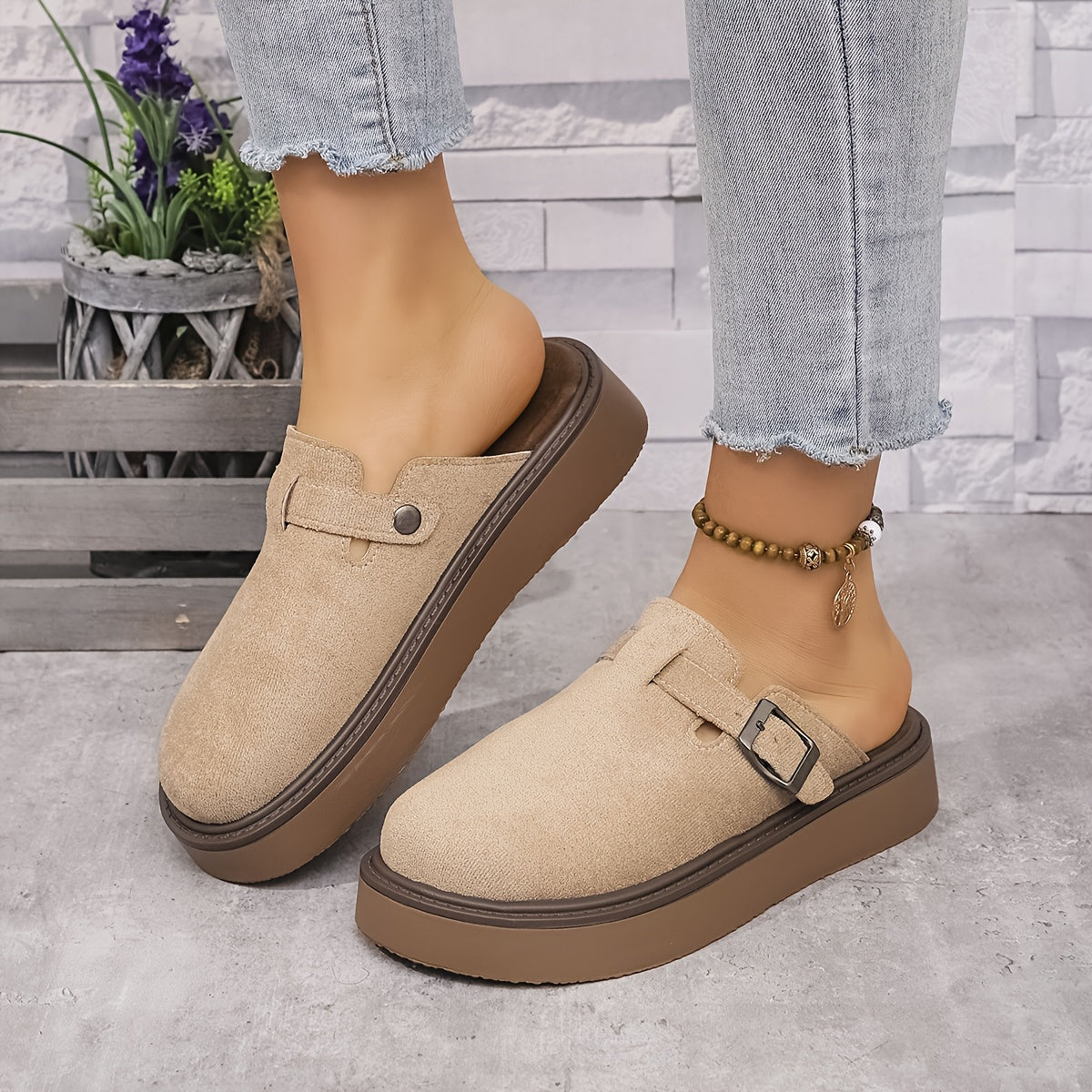Women's Casual Buckle Loafers All-Season PU Upper Rubber Sole Flannel Insole