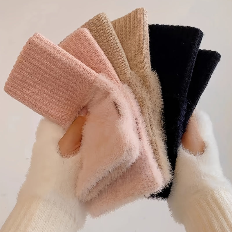 Solid Color Fingerless Gloves for Women Plush Splicing Knit Warm Winter Autumn