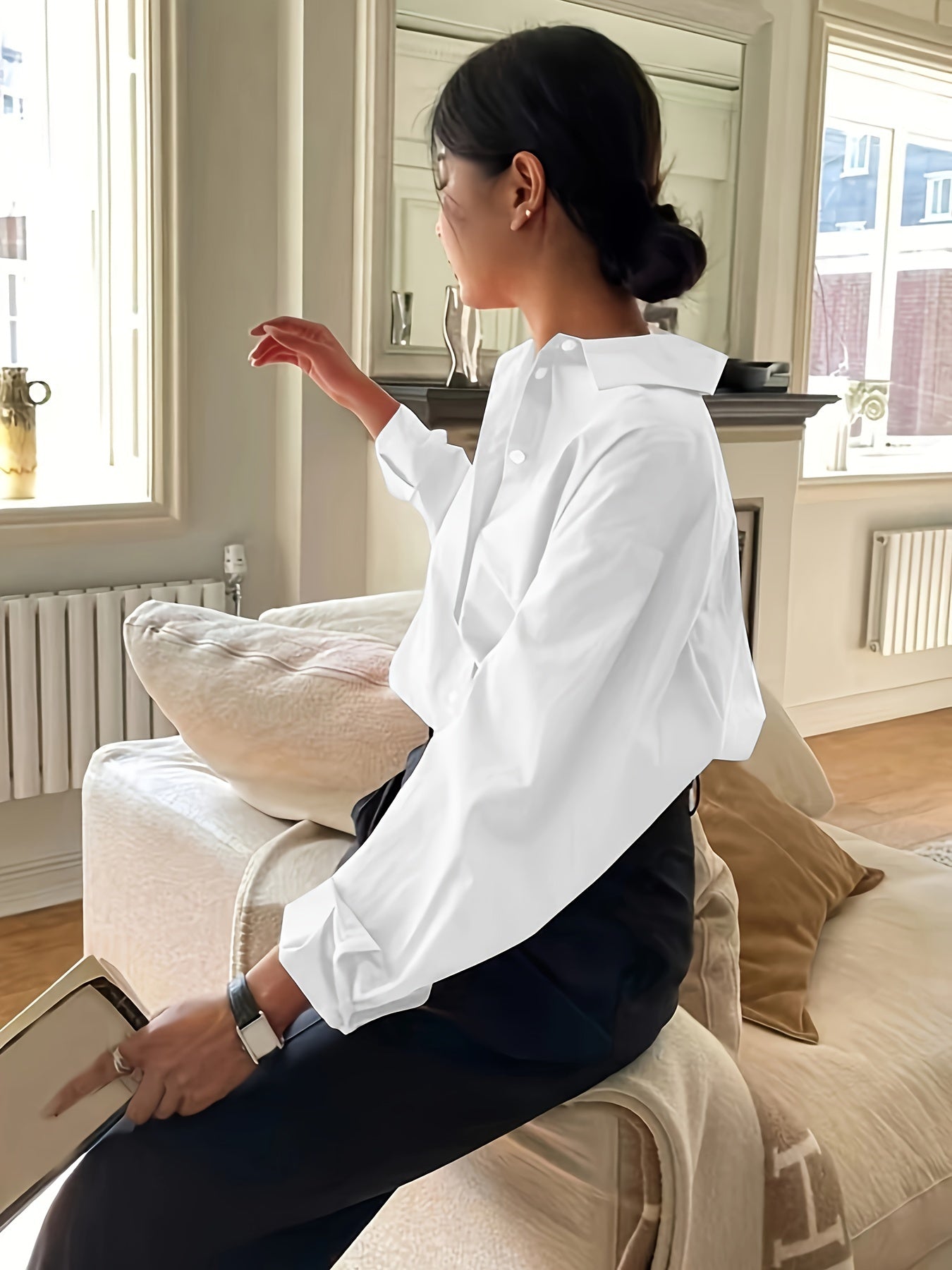 Camisa de manga larga de negocios casual en rosa claro para mujer, poliéster, ropa de oficina para todas las estaciones