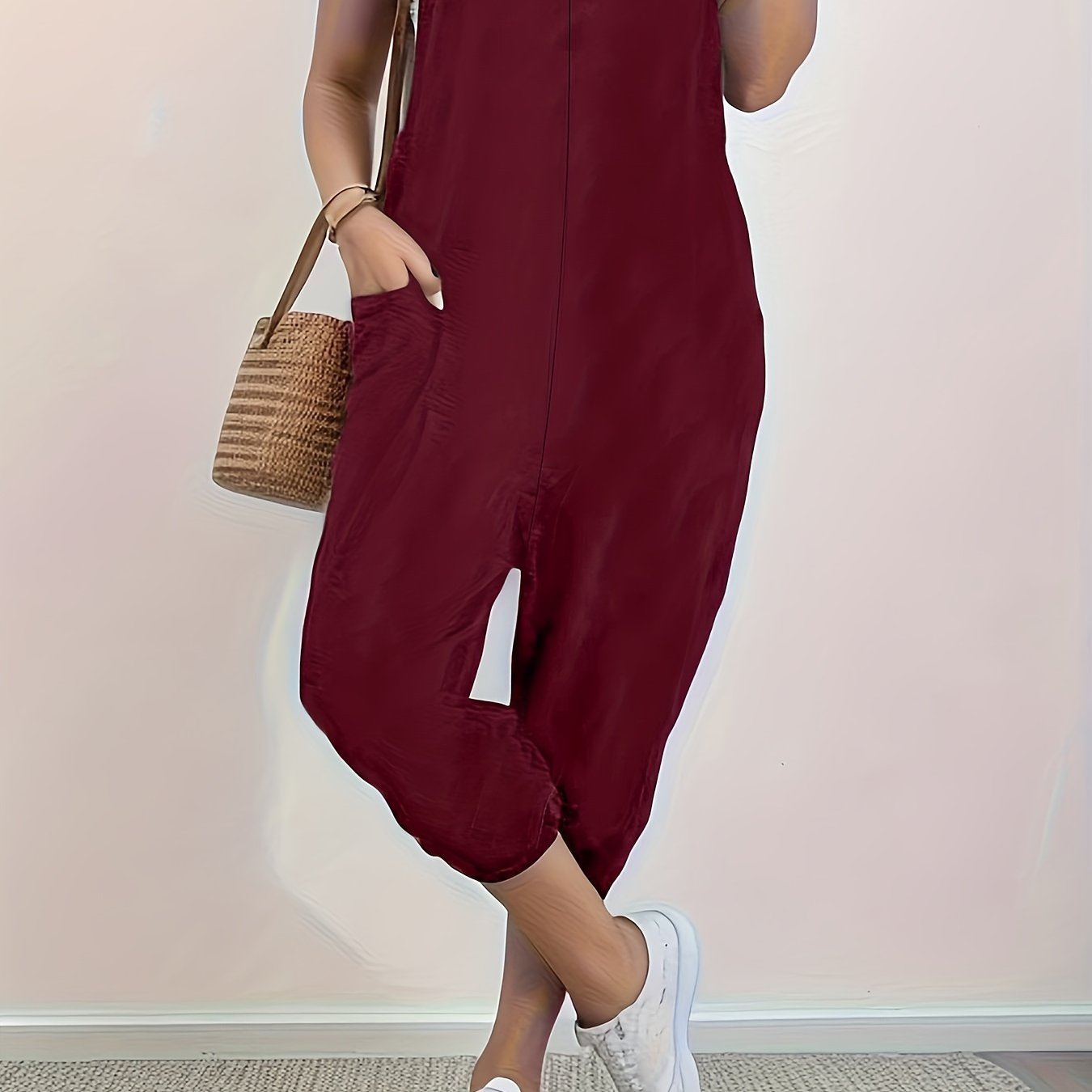 Mono sin mangas de talla grande para mujer con escote en V y bolsillos, ligero y transpirable, de color sólido